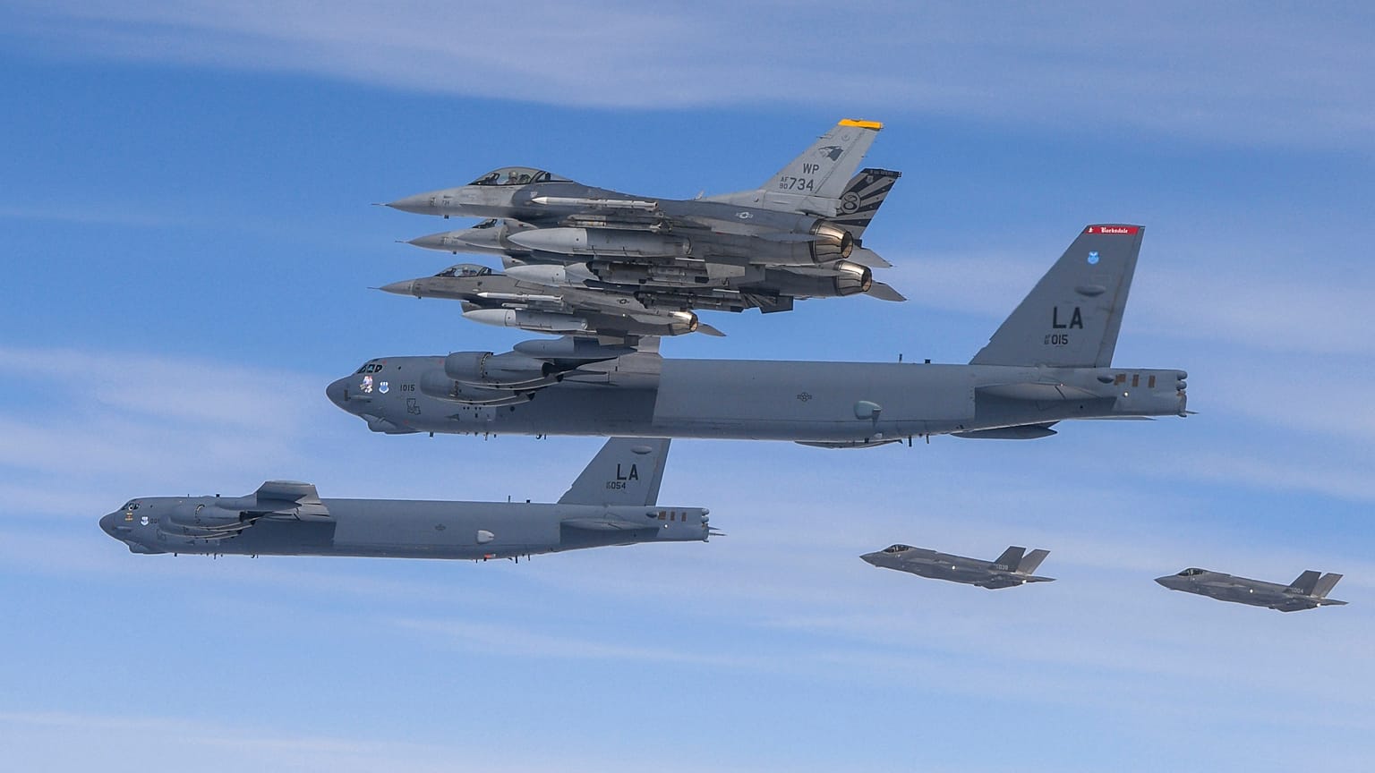 FILE.  U.S. B-52H bombers, center, and F-16 fighter jets and South Korean Air Force F-35A fighter jets