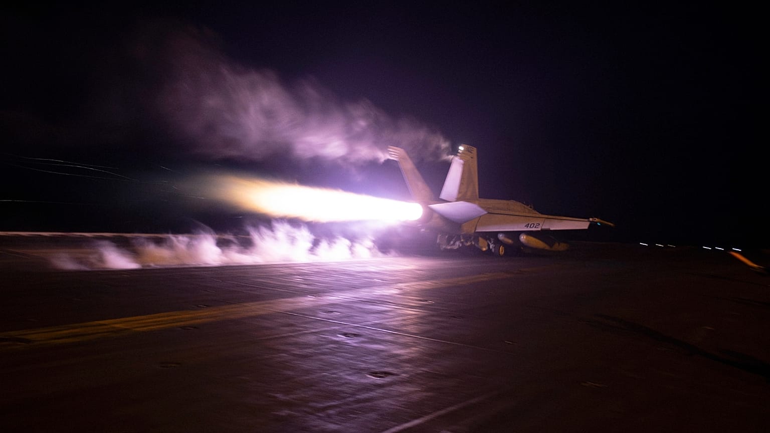 This image provided by the U.S. Navy shows an aircraft launching from USS Dwight D. Eisenhower (CVN 69) during flight operations in the Red Sea, Jan. 22, 2024. 