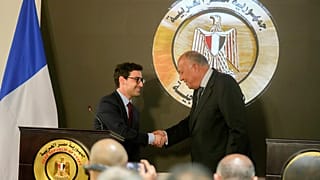 وزير الخارجية المصري سامح شكري صافح نظيره الفرنسي ستيفان سيجورن بعد المؤتمر الصحفي الذي جمعهما في مقر وزارة الخارجية