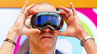 Scott Joachim tries out an Apple Vision Pro headset during the first day of sales at a Palo Alto, California, Apple store on Friday, February 2, 2024.