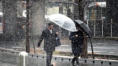 Varios ciudadanos japoneses caminan por una calle de Tokio cubierta por un manto de nieve, el lunes 5 de febrero 2024. 