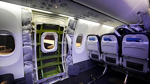 A door plug area of an Alaska Airlines Boeing 737 Max 9 aircraft awaits inspection