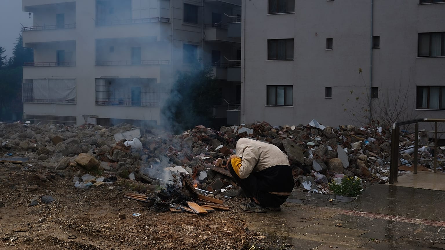 Throughout the Hatay region, people are making fires from rubble to keep warm in the winter months. Antakya, Turkey, Saturday 3rd February, 2024