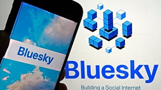The app for Bluesky is shown on a mobile phone, left, and on a laptop screen, Friday, June 2, 2023, in New York.