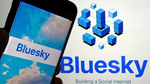 The app for Bluesky is shown on a mobile phone, left, and on a laptop screen, Friday, June 2, 2023, in New York.