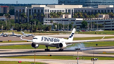 A Finnair Airbus A350 lands at Tampa International Airport, Tuesday, May 31, 2022, in Tampa, Fla. 