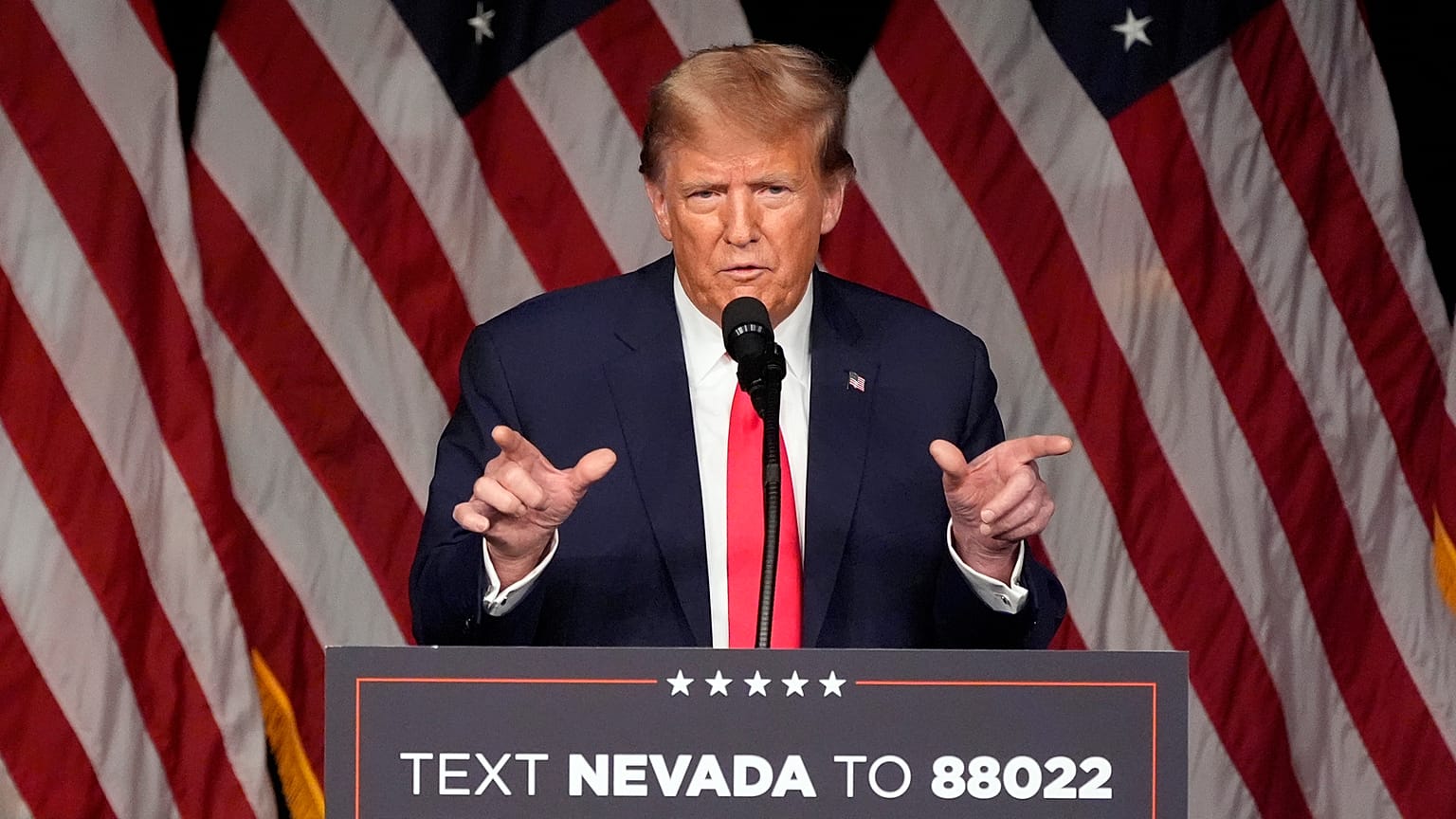 Republican presidential candidate former President Donald Trump speaks at a caucus night rally in Las Vegas, Thursday, Feb. 8, 2024.