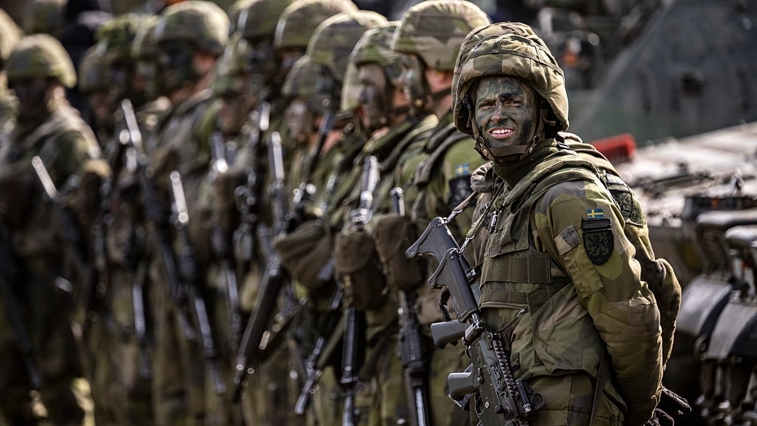 FILE: Swedish conscript soldiers take part in the Aurora 23 military exercise at the Rinkaby firing range outside Kristianstad, Sweden, Saturday, May 6, 2023.
