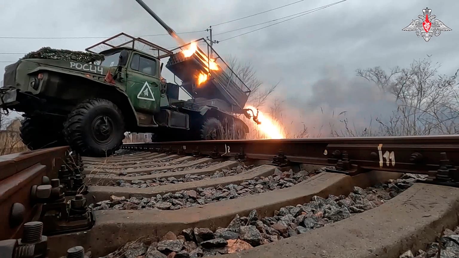 In this photo taken from video and released by Russian Defense Ministry Press Service on Thursday, Feb. 8, 2024, a rocket is fired from the Russian army's Grad rocket launcher