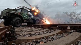 In this photo taken from video and released by Russian Defense Ministry Press Service on Thursday, Feb. 8, 2024, a rocket is fired from the Russian army's Grad rocket launcher