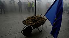 Polnische Landwirte parken aus Protest gegen die EU-Agrarpolitik und Importe ukrainischer Produkte eine Schubkarre mit Mist und Europaflagge in Posen, 9. Februar 2024