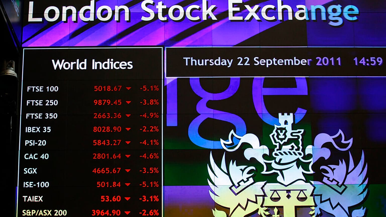 A screen displays market information inside the London Stock Exchange in the City of London, Thursday, Sept. 22, 2011. 