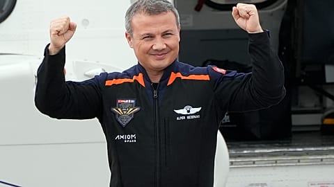 Axiom-3 mission specialist Alper Gezeravci, of Turkey, reacts as he arrives at the Kennedy Space Centre, January 18, 2024.