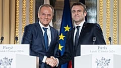 French President Emmanuel Macron, right, and Poland's Prime Minister Donald Tusk at the Elysee Palace in Paris, Monday, Feb. 12, 2024. 
