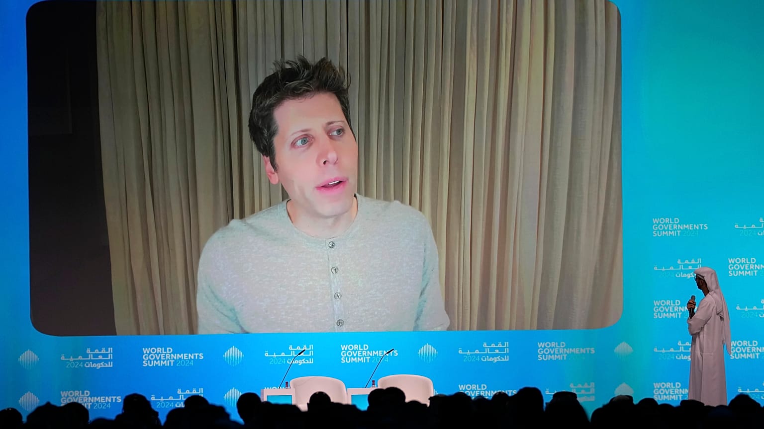 OpenAI CEO Sam Altman talks on a video chat during the World Government Summit in Dubai, United Arab Emirates, February 13, 2024.