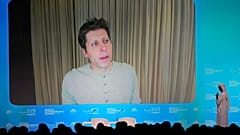 OpenAI CEO Sam Altman talks on a video chat during the World Government Summit in Dubai, United Arab Emirates, February 13, 2024.