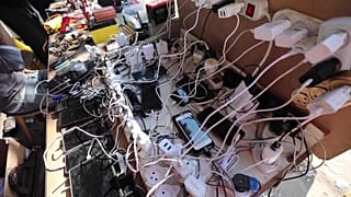 Teléfonos móviles conectados a proveedores de electricidad para cargarlos con paneles solares.