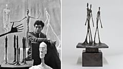 Ο Alberto Giacometti απεικονίζεται στα αριστερά. Τρεις άνδρες που περπατούν από τον Alberto Giacometti που απεικονίζεται στα δεξιά.