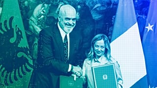 Italy's PM Giorgia Meloni and Albania's PM Edi Rama shake hands after the signing of a memorandum of understanding on migrant management centers, in Rome, November 2023