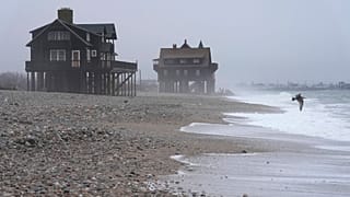 Seagulls fly near houses resting on pylons elevated above the beach, 25 January 2024, in South Kingstown, RI.