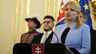 Slovakia's President Zuzana Caputova addresses the newly appointed government during a swear in ceremony at the Presidential Palace in Bratislava, Slovakia, on Oct. 25, 2023.