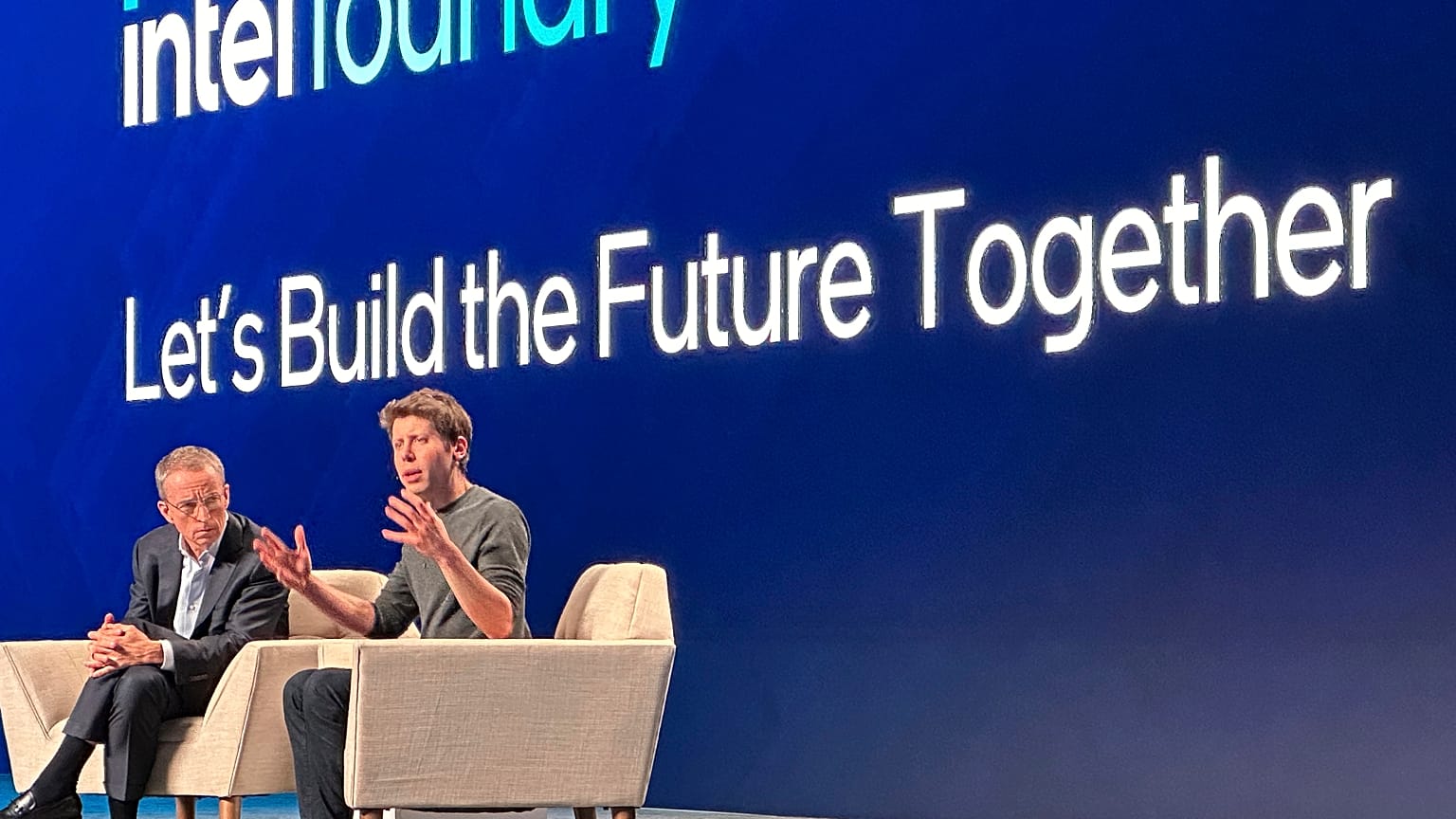 OpenAI Sam Altman, right, discusses the need for more chips designed for artificial intelligence with Intel CEO Pat Gelsinger.