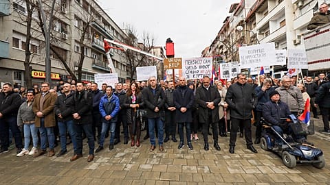 Kosovo Serbs protest against a ban of the use of the Serbian currency in areas where they live