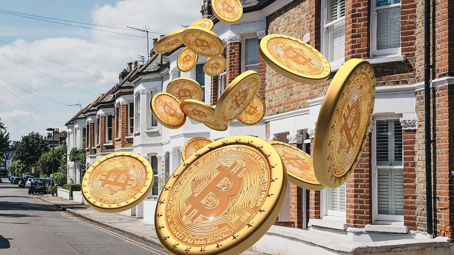 Montage: Typisch britische Reihenhäuser in Barnes, London und Bitcoin 3D Hintergrund