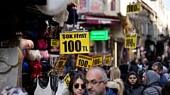 Prices are displayed in a clothes shop at Eminonu commercial area in Istanbul, Turkey, Wednesday, Feb. 21, 2024. 