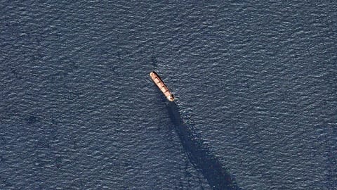 The Belize-flagged bulk carrier Rubymar is seen in the southern Red Sea near the Bay el-Mandeb Strait leaking oil after an attack by Yemen's Houthi rebels, Feb. 20, 2024.