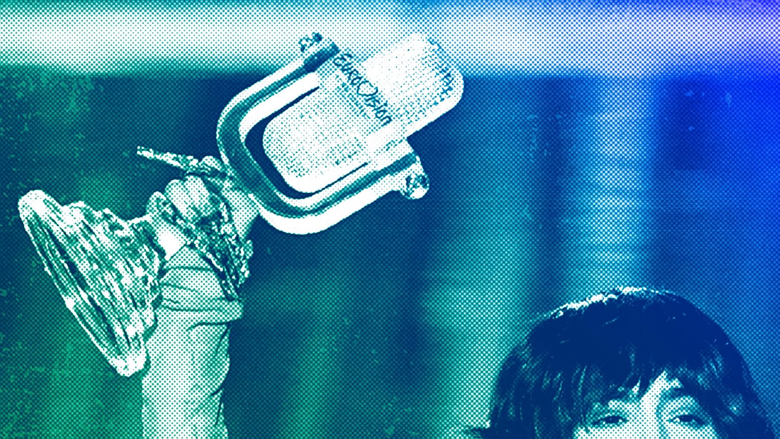 The Eurovision Song Contest trophy held by Sweden's Loreen after the Grand Final in Liverpool, May 2023