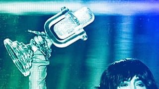 The Eurovision Song Contest trophy held by Sweden's Loreen after the Grand Final in Liverpool, May 2023