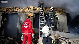 Screengrab of fire from Russian drone attack on civilian building in Odesa, Ukraine, February 23 2024
