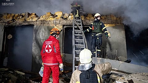 Screengrab of fire from Russian drone attack on civilian building in Odesa, Ukraine, February 23 2024