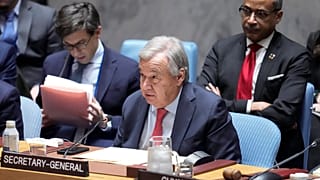 الأمين العام للأمم المتحدة أنطونيو yوتيريش يلقي كلمة أمام اجتماع مجلس الأمن بشأن السلام والأمن في أوكرانيا، 23 فبراير 2024، في مقر الأمم المتحدة.