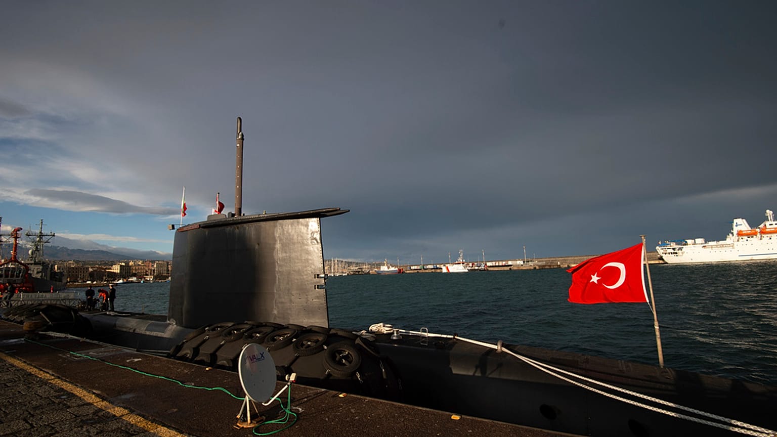 Turkish submarine T.C.G. Anafartalar S356 is moored in the port of Catania, Sicily, southern Italy, Sunday, Feb. 25, 2024. 