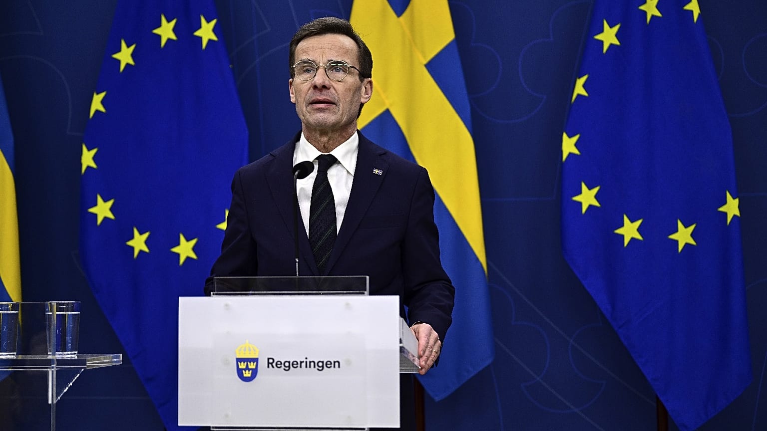 Sweden's Prime Minister Ulf Kristersson speaks to the press in Stockholm, Sweden, on Feb. 26, 2024, after the Hungarian parliament ratified Sweden's membership to NATO.