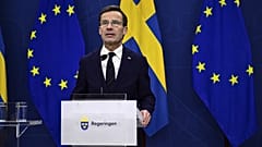 Sweden's Prime Minister Ulf Kristersson speaks to the press in Stockholm, Sweden, on Feb. 26, 2024, after the Hungarian parliament ratified Sweden's membership to NATO.