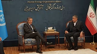 رافائل گروسی، مدیرکل آژانس بینالمللی انرژی اتمی (چپ)، با محمد اسلامی، رئیس سازمان اتمی ایران