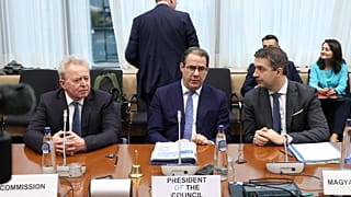 EU Agriculture Commissioner Janusz Wojciechowski and Belgium's agriculture minister David Clarinval met with farmers after the ministerial meeting in Brussels.