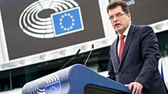 Janez Lenarčič, Comissário Europeu responsável pela ajuda humanitária e gestão de crises, discursa perante o Parlamento Europeu em Estrasburgo, em 27 de fevereiro de 2024.