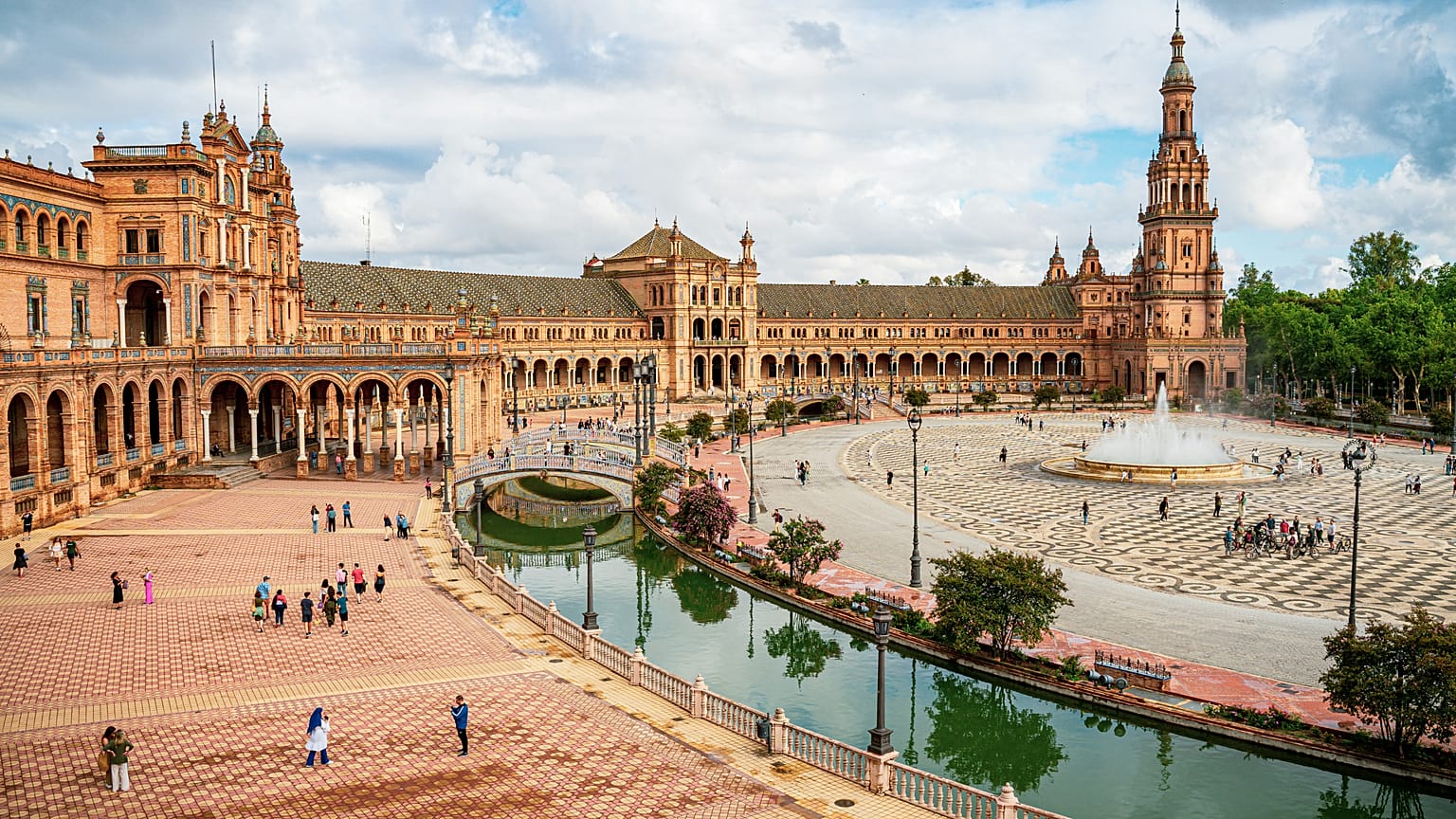 The flamboyant plaza was originally built for the 1929 Ibero-American Exhibition and designed to showcase the best of Spain in its architecture and ceramics. 