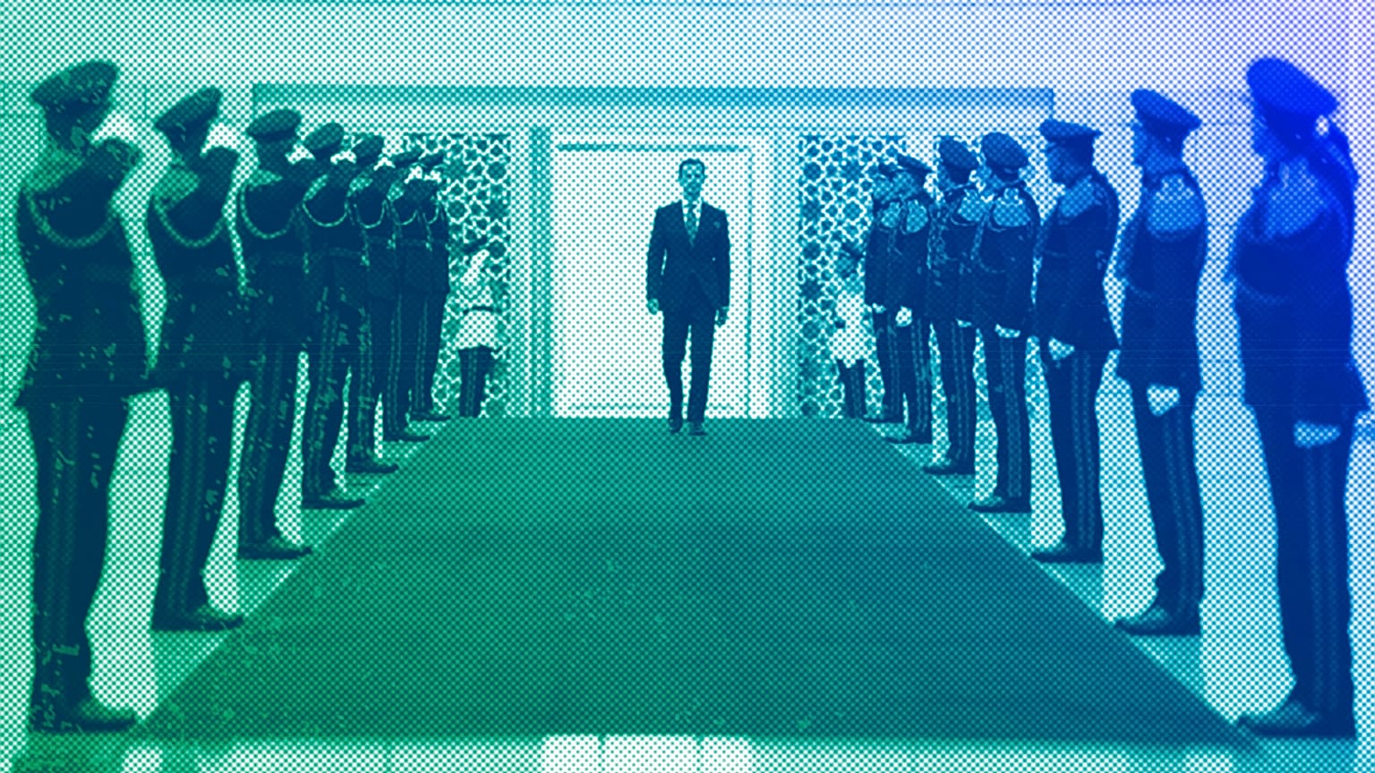 Bashar Assad, reviews an honor guard at the Syrian Presidential Palace in the capital Damascus, July 2021
