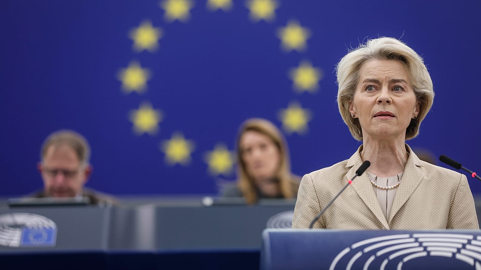 European Commission President Ursula von der Leyen delivers her speech on security and defense at the European Parliament