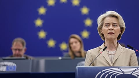 European Commission President Ursula von der Leyen delivers her speech on security and defense at the European Parliament