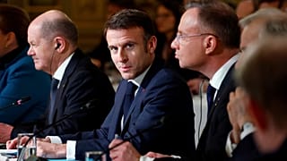 French President Emmanuel Macron, centre, with other European leaders at the Elysee Palace in Paris.