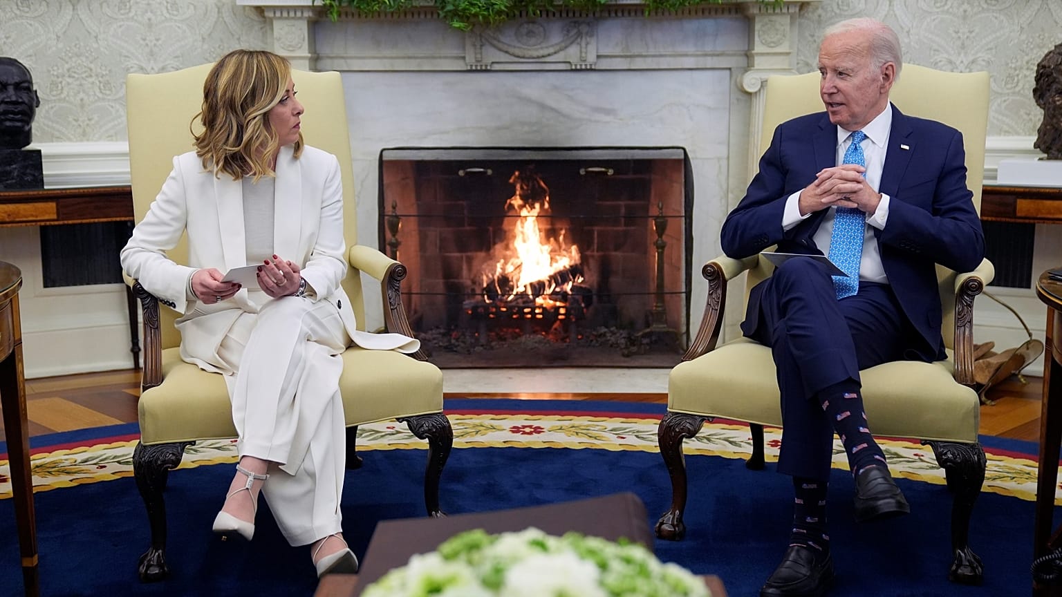Le président Joe Biden rencontre la Premièr ministre italienne Giorgia Meloni à la Maison-Blanche, le vendredi 1er mars 2024, à Washington.