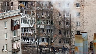 A view of a damaged apartment's building after a reported drone attack in St. Petersburg, Russia, Saturday, March 2, 2024.