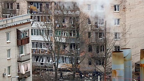 A view of a damaged apartment's building after a reported drone attack in St. Petersburg, Russia, Saturday, March 2, 2024.