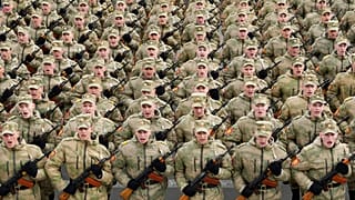 Troops march during a rehearsal for the Victory Day in St. Petersburg, Russia, Thursday, May 5, 2022. 
